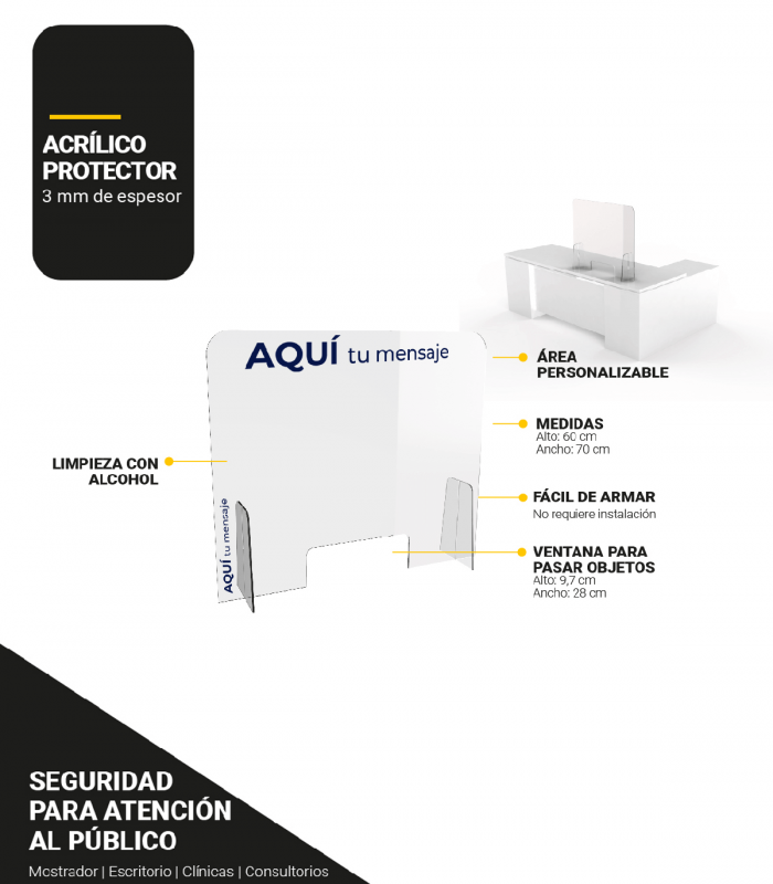 ▷ Panel acrílico para protección. Apto atención al público